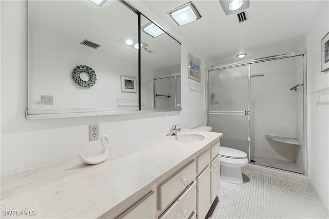 bathroom with tile patterned floors, toilet, walk in shower, and vanity