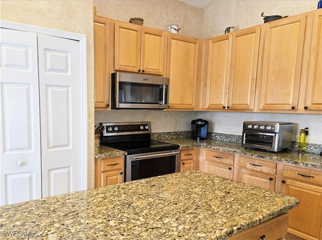 kitchen with light brown cabinetry, light stone countertops, and stainless steel appliances