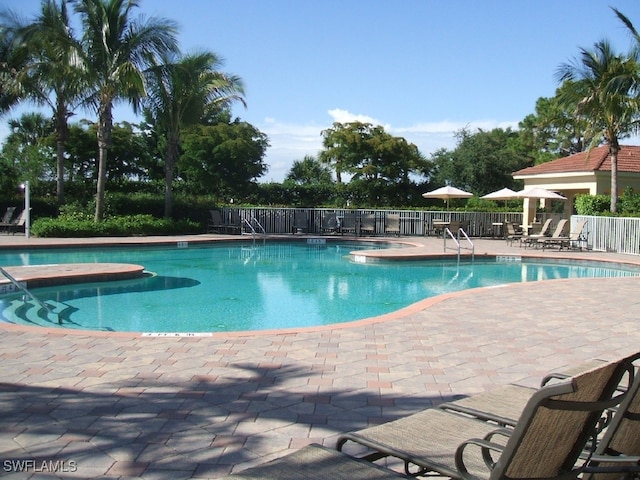 view of swimming pool featuring a patio area