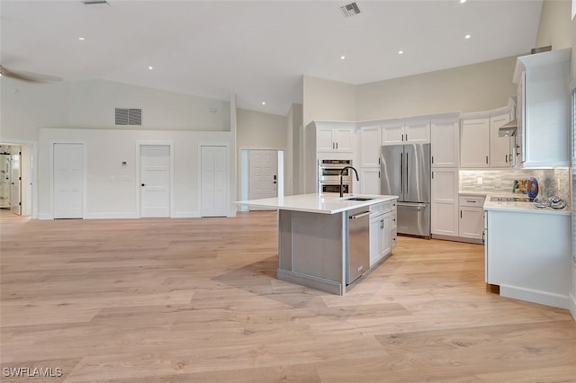 kitchen with appliances with stainless steel finishes, sink, white cabinets, and a kitchen island with sink