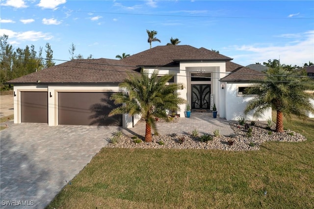 view of front facade with a garage and a front lawn