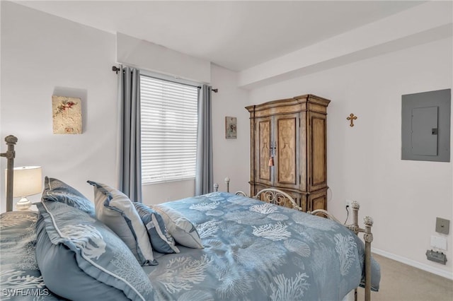 bedroom featuring electric panel and carpet floors