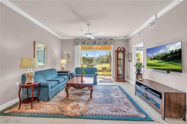 living room featuring crown molding and ceiling fan