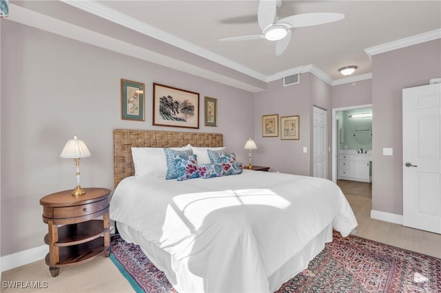 bedroom featuring connected bathroom, ornamental molding, and ceiling fan