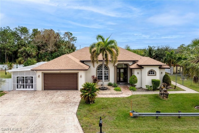 mediterranean / spanish-style house with a garage and a front yard