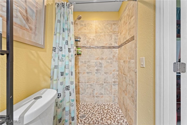 bathroom featuring toilet and a shower with shower curtain