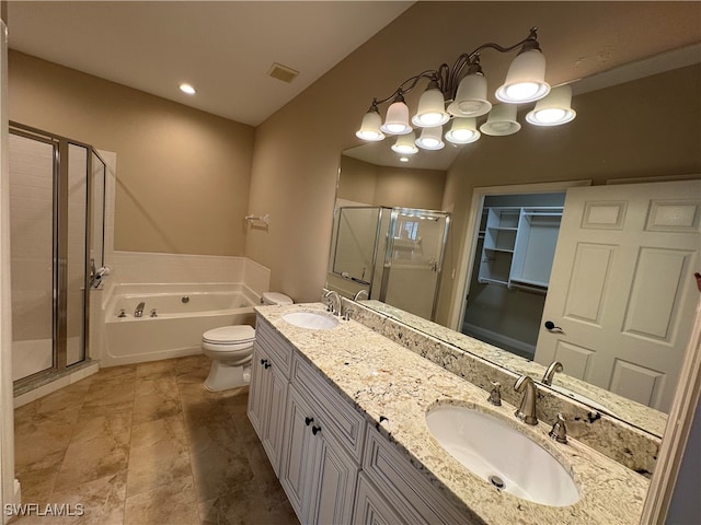 full bathroom featuring toilet, vanity, and shower with separate bathtub