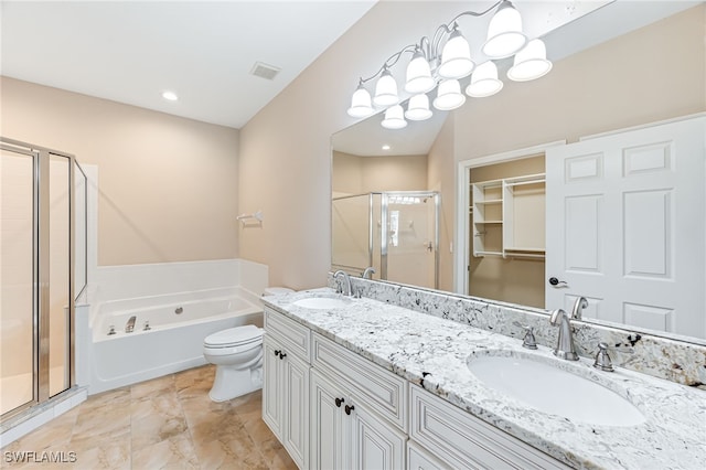 full bathroom with vanity, toilet, and separate shower and tub