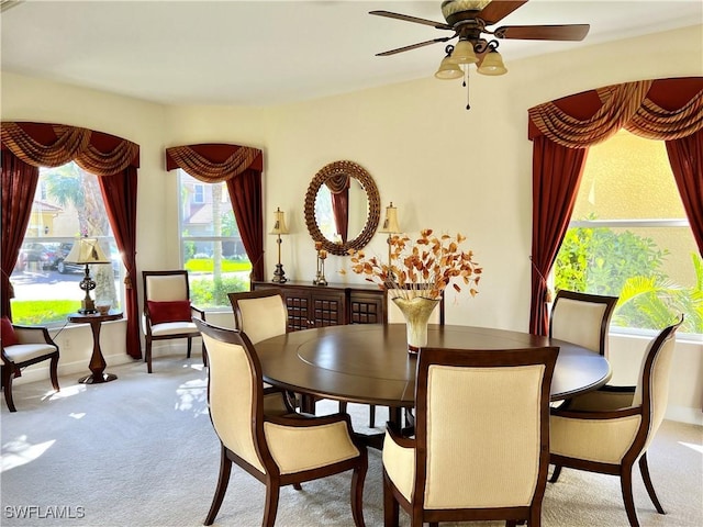 carpeted dining space featuring ceiling fan and a wealth of natural light