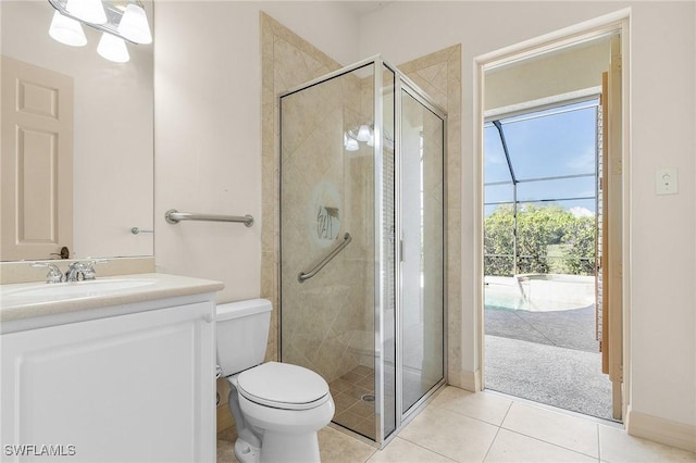 full bath featuring toilet, a stall shower, tile patterned flooring, and vanity