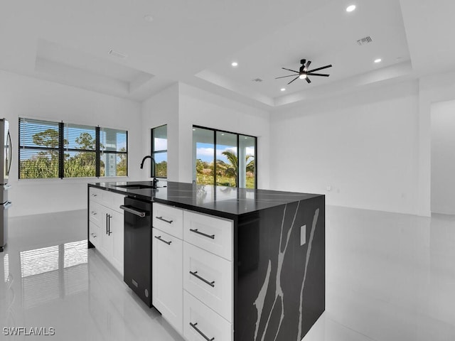 kitchen with white cabinetry, a kitchen island with sink, a tray ceiling, and sink