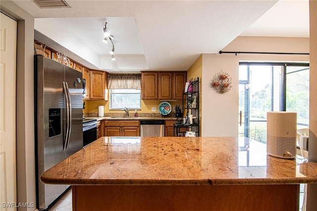 kitchen featuring light stone countertops, sink, a tray ceiling, and stainless steel appliances