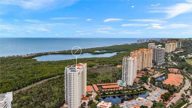 birds eye view of property with a water view and a view of city