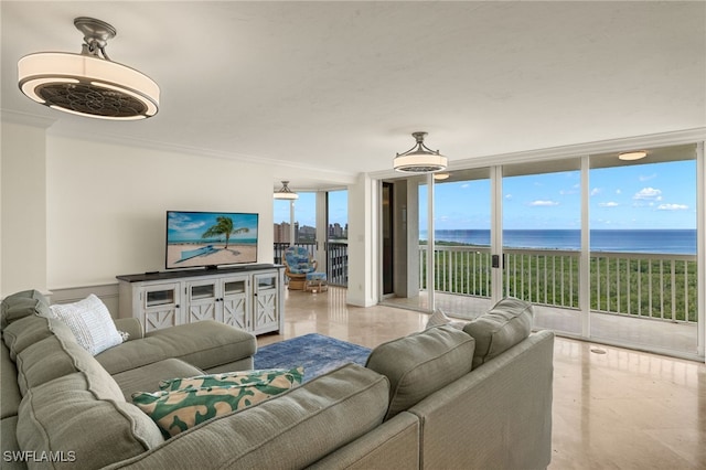 living room with plenty of natural light, floor to ceiling windows, and ornamental molding