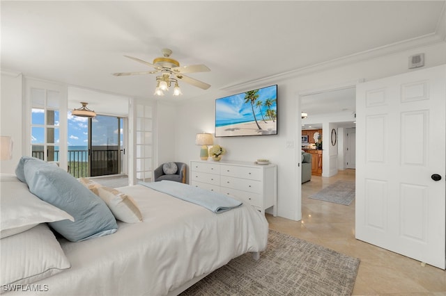 6573 Marissa Loop Unit 2004, Naples, FL 34108 - bedroom with access to outside, crown molding, light tile patterned floors, and a ceiling fan