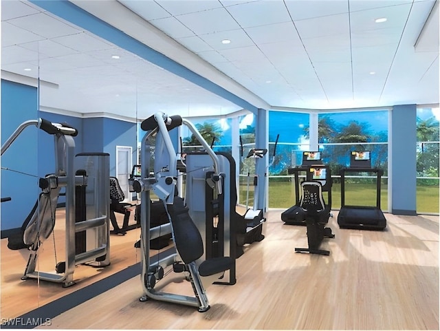 6573 Marissa Loop Unit 2004, Naples, FL 34108 - gym with a wall of windows and wood finished floors