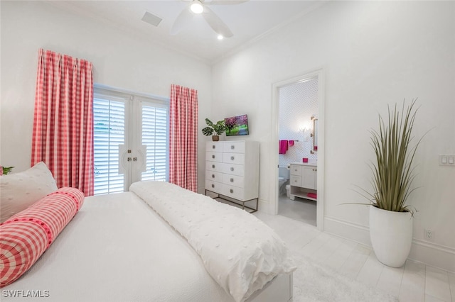 bedroom with ceiling fan, connected bathroom, access to outside, french doors, and crown molding