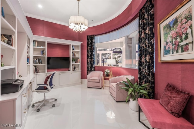 home office with light tile patterned floors and a notable chandelier