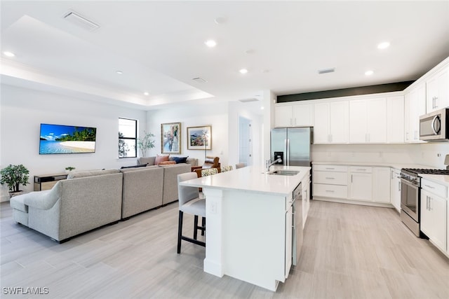 kitchen featuring white cabinets, a kitchen bar, stainless steel appliances, a kitchen island with sink, and a tray ceiling