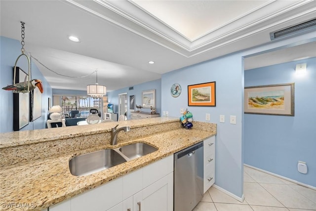 kitchen featuring a sink, light stone countertops, visible vents, and stainless steel dishwasher