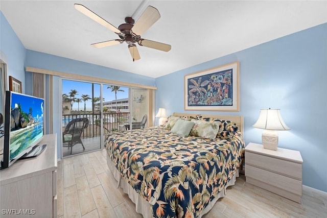 bedroom with ceiling fan, access to outside, and light wood-type flooring