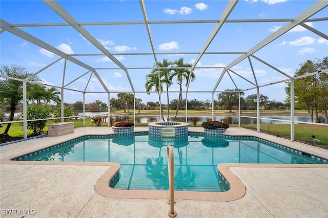 view of pool featuring a water view, a lanai, and a patio