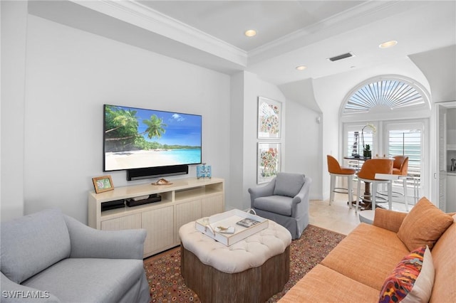 tiled living room featuring ornamental molding