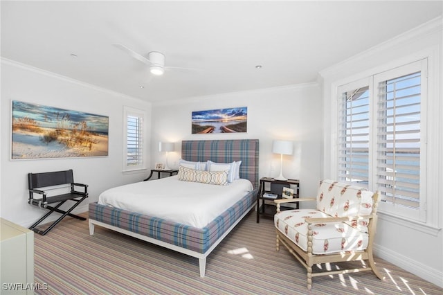 bedroom featuring ceiling fan and crown molding