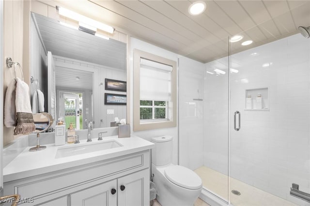 bathroom featuring a shower with door, wooden ceiling, toilet, and vanity