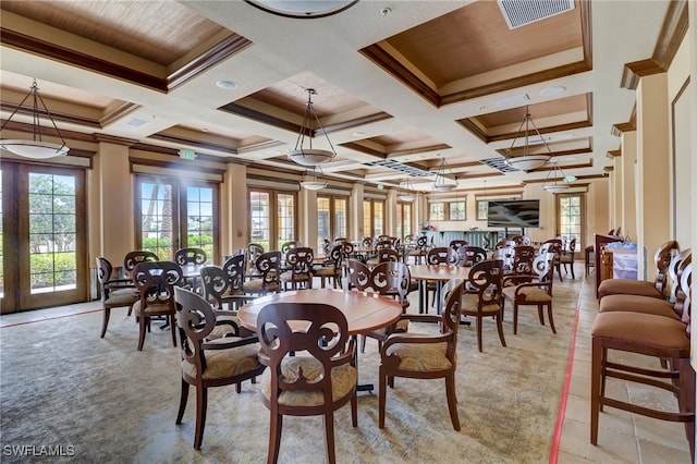 dining space with beam ceiling, coffered ceiling, and ornamental molding