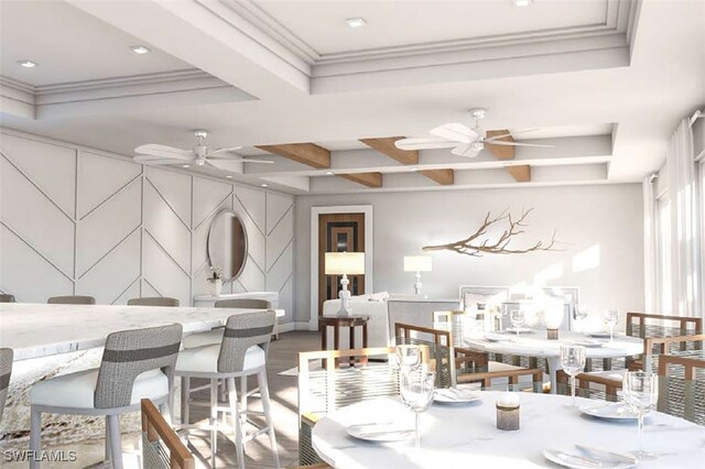 dining area featuring beamed ceiling, ceiling fan, coffered ceiling, and hardwood / wood-style floors