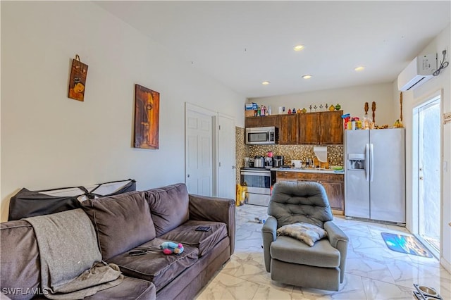 living room featuring an AC wall unit