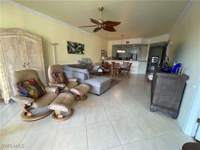 tiled living room with ceiling fan and ornamental molding