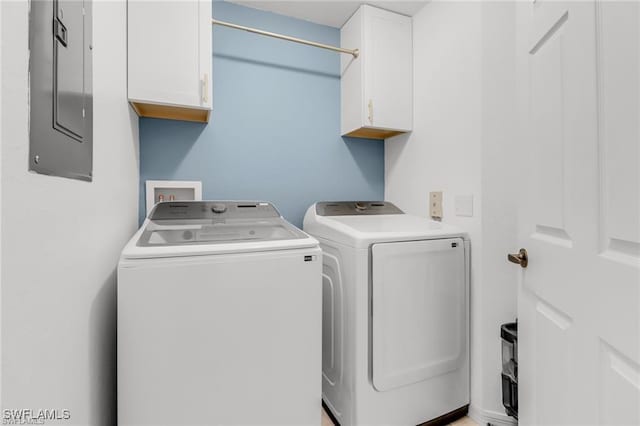 laundry area with cabinets, electric panel, and washing machine and dryer