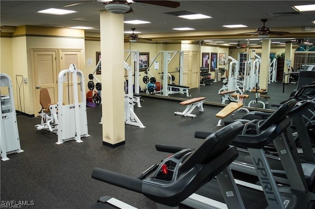 workout area featuring ceiling fan and a paneled ceiling