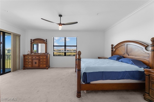 carpeted bedroom with crown molding, multiple windows, and access to outside