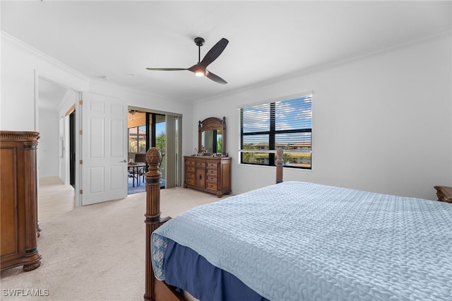 bedroom with ornamental molding, light carpet, and ceiling fan