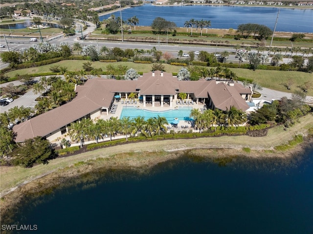 birds eye view of property featuring a water view