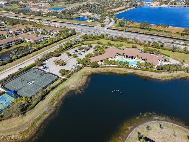 aerial view featuring a water view