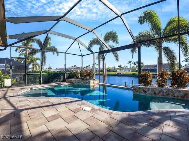 view of pool featuring a water view, pool water feature, a lanai, and a patio