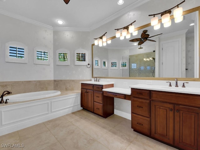 bathroom featuring crown molding, ceiling fan, vanity, and independent shower and bath