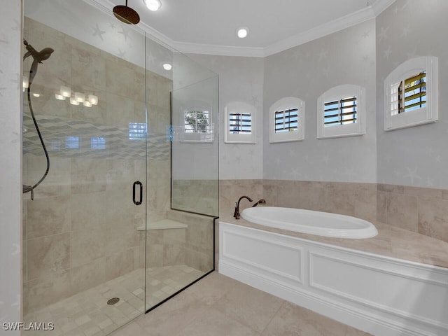 bathroom with tile patterned floors, ornamental molding, and independent shower and bath