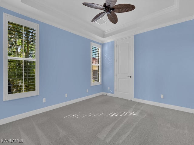 empty room featuring crown molding, ceiling fan, carpet flooring, and a raised ceiling