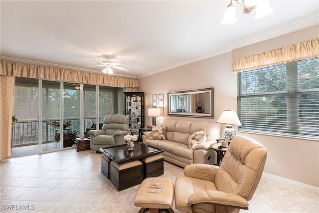 tiled living room with ornamental molding and ceiling fan with notable chandelier