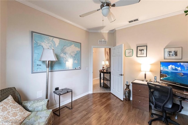 office with ceiling fan, crown molding, and hardwood / wood-style floors