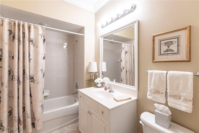 full bathroom with toilet, tile patterned flooring, shower / bath combination with curtain, crown molding, and vanity