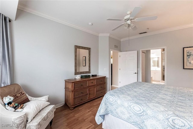 bedroom with ceiling fan, crown molding, light hardwood / wood-style floors, and ensuite bath