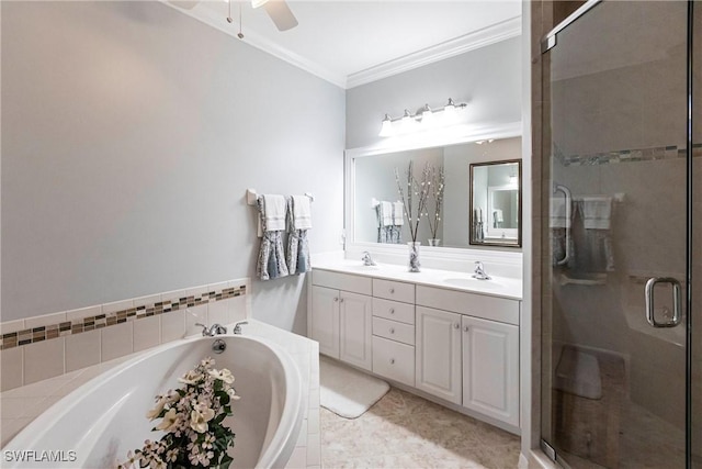 bathroom with separate shower and tub, vanity, tile patterned flooring, ceiling fan, and crown molding