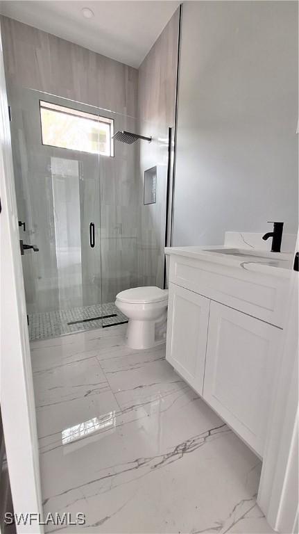 bathroom with a shower with shower door, vanity, and toilet