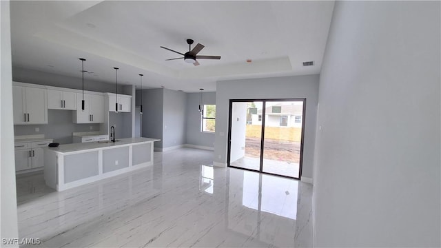 kitchen featuring sink, white cabinetry, a raised ceiling, and a kitchen island with sink